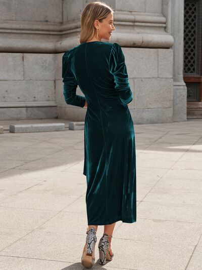 Surplice Puff Long Sleeve Velvet Waist Tie Wrap Midi Dress