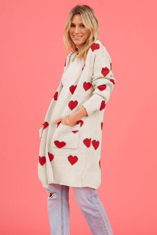 Heart Graphic Open Front Cardigan with Pockets Fashion Sweater