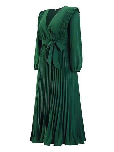 Long Sleeve Maxi Dress Pleated Surplice Waist Tie Midi