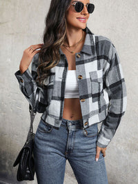 Plaid Button Up Drop Shoulder Cropped Jacket