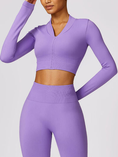 Gym Set Womens Nylon Zip Up Sports Cropped Jacket Outerwear and High Waist Pants Activewear 2 piece  Set