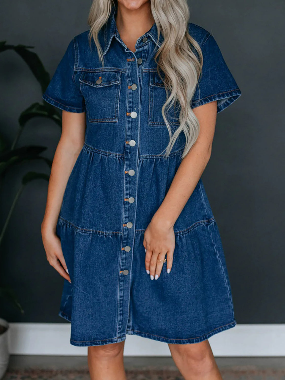 Button Up Short Sleeve Denim Dress