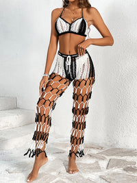 Crochet Two Piece Outfit Set Swimsuit Cover Up Cutout Halter Neck Crop Top and Pants Two-Piece Swim Set