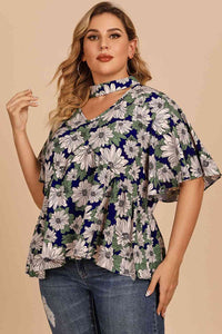 Plus Size Floral Flutter Sleeve Cutout Blouse