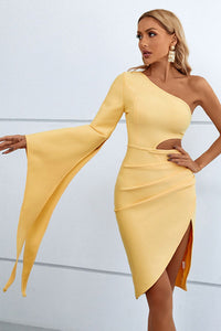 dresses, sexy dresses, one sleeve dresses, womens clothing, elegant dresses, elegant outfits, slit dress, flare sleeve dresses, dresses for special occasions, plain dresses, elegant dresses, dresses for special occasions, yellow dresses 