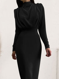 Womens Mock Neck Ruched Turtleneck Long Sleeve Midi Dress