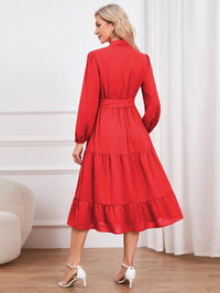 Womens Fashion Tie Neck Long Sleeve Tiered Midi Dress