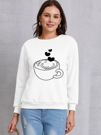 Coffee Lover Fashion Sweater Cup Graphic Round Neck Dropped Shoulder Sweatshirt