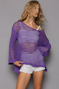 Purple Crochet Sweater Women's Fashion Openwork Flare Sleeve Knit Cover Up Top