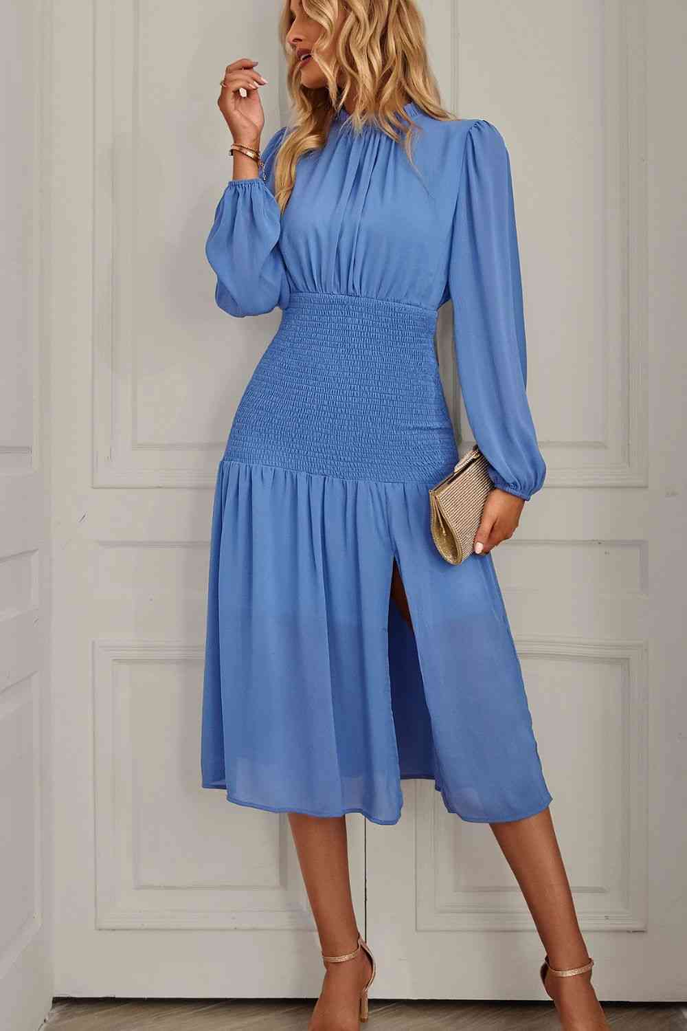 dresses, green dress, nice dresses, long sleeve dresses, womens clothing, womens fashion, evening dress, casual evening dresses, blue dress, sky blue dress, mock neck dress, long sleeve work dresses, long sleeve dinner dresses, dinner outfit ideas, cheap dresses designer dresses, loose sleeve midi  dress