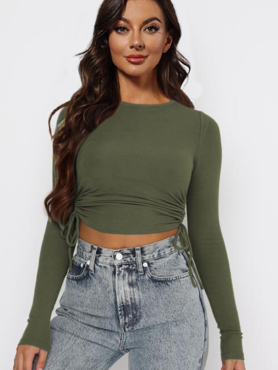 Long Sleeve Crop Top Women's Fashion Sexy Drawstring Solid Color Round Neck Long Sleeve T Shirt, KESLEY