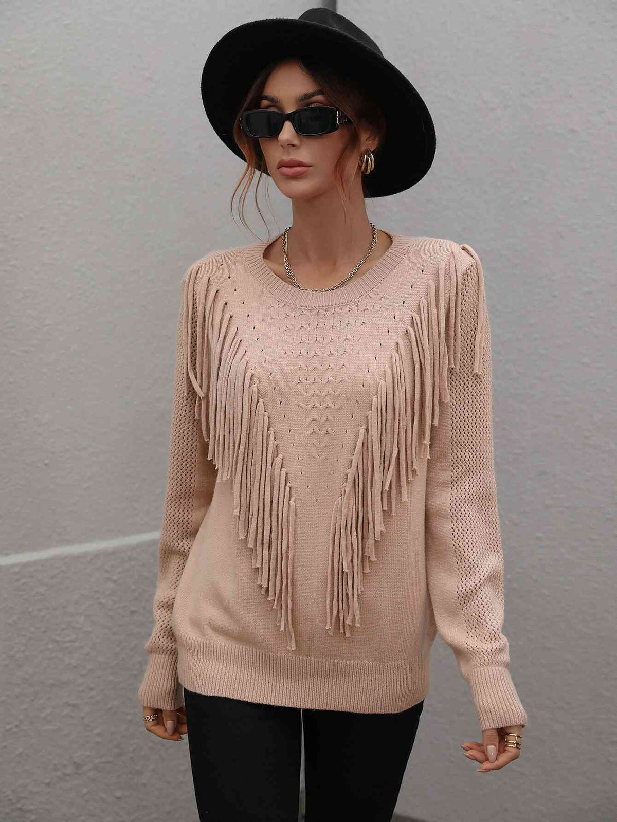 Fringe Long Sleeve Shirt Detail Ribbed Trim Sweater