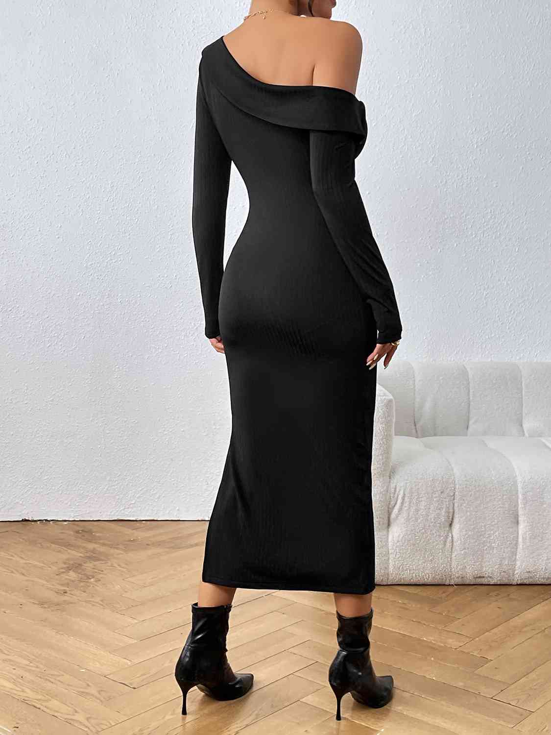 Black Off The Shoulder Dress Asymmetrical Neck Long Sleeve Slit Sweater Dress