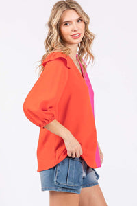 Colorblock Shirt  Women's Fashion Pink and Orange Ruffle Trim Contrast Blouse Petite and Plus Size Fashion