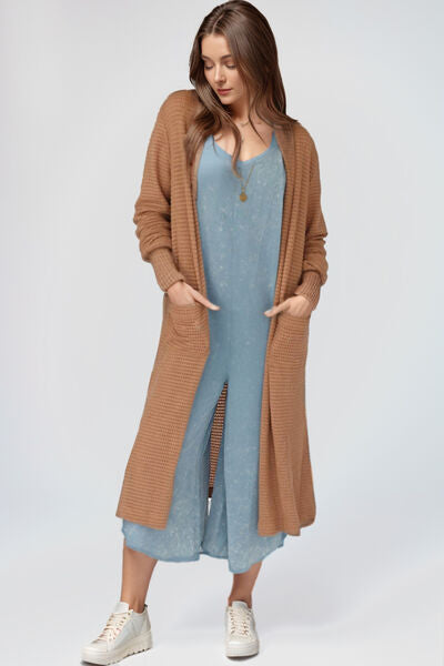 Women’s Long Open Front Sweater Brown Khaki Long Sleeve Longline Slit Cardigan