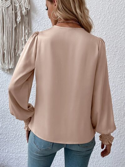 New Fashion Surplice Smocked Lantern Long Sleeve Blouse