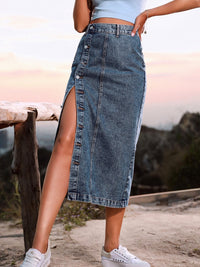 Women's Jean Denim Skirt Button Down High Slit Versatile Fashion Cotton