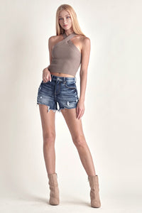 KESLEY Denim Shorts Mid Rise Raw Hem Women's Fashion Cotton Jean Shorts