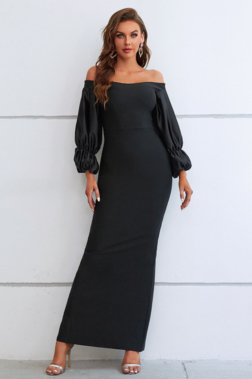 Off-Shoulder Bubble Sleeve Slit Evening Maxi Dress