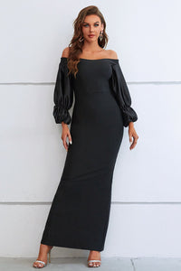 Off-Shoulder Bubble Sleeve Slit Evening Maxi Dress