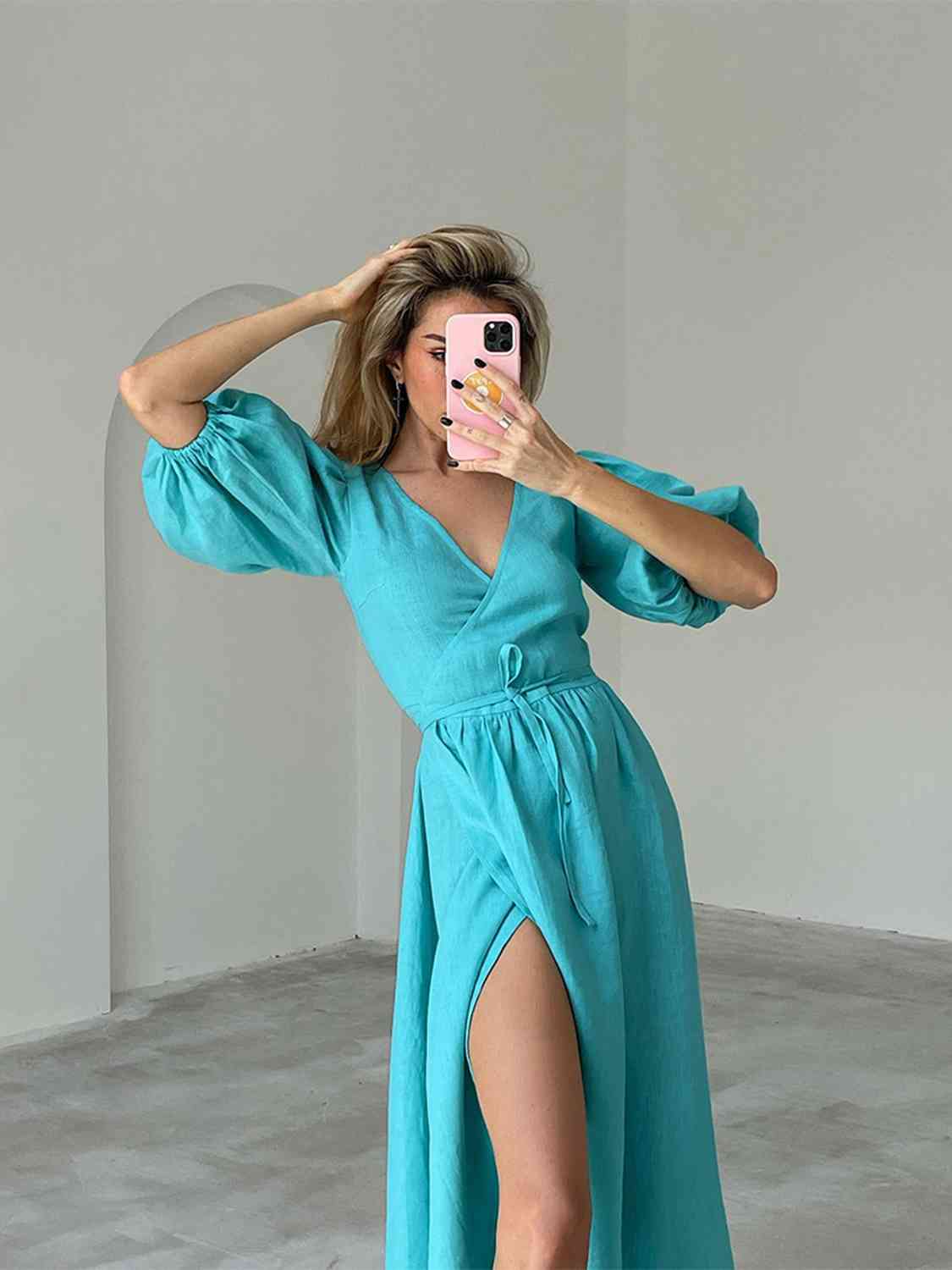 Casual  Vacation Dress 100% Cotton Balloon Sleeves High Slit Short Sleeve Tied Midi Dress Premium Luxury Ladies Fashion