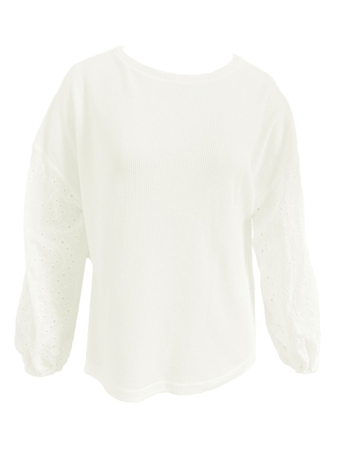 Women's White Long Sleeve Shirt Openwork Lace Detail Dropped Shoulder Boat Neck  Loose Fit Blouse