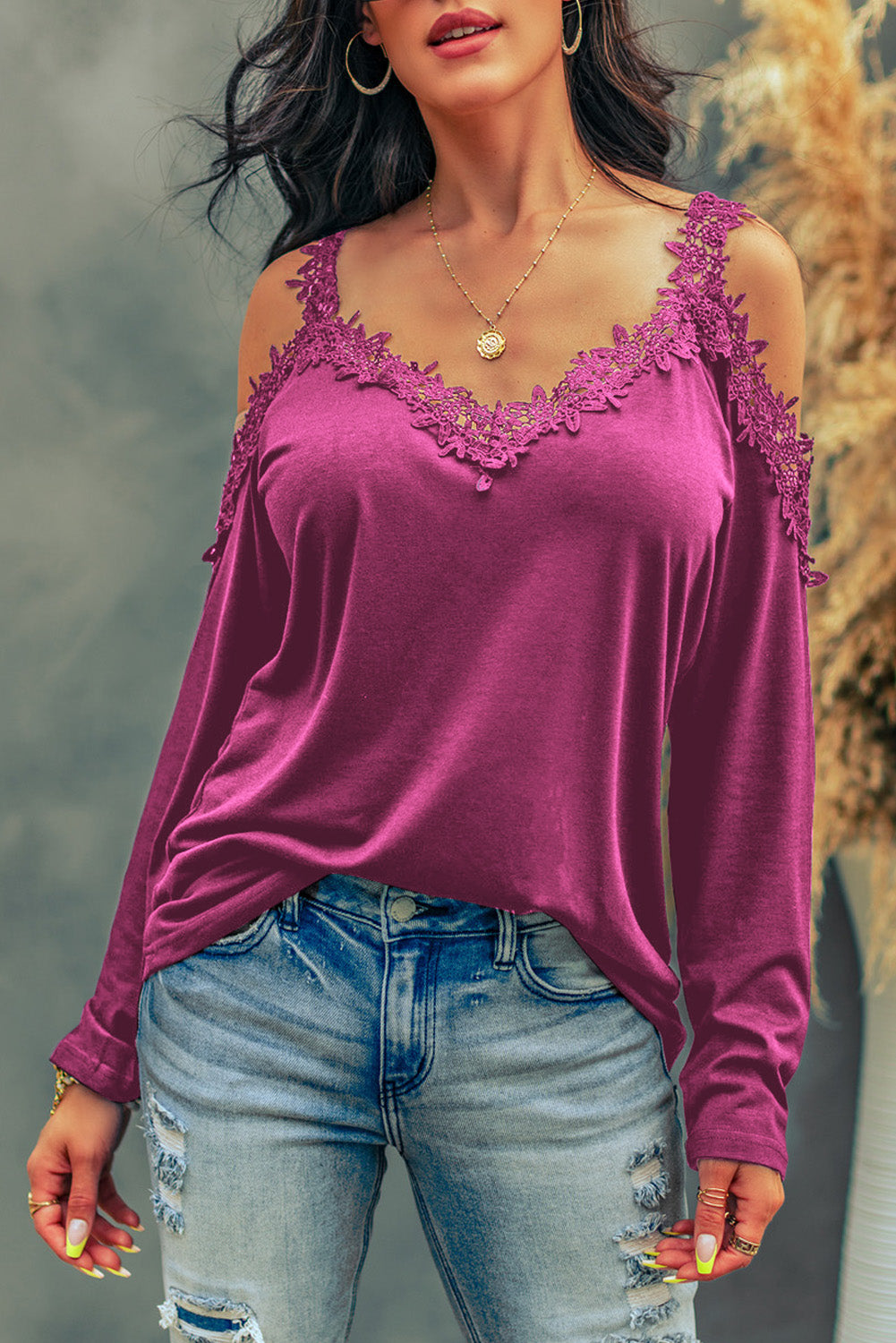 Women's Shirt Lace Detail Cold Shoulder Long Sleeve T-Shirt