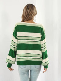 Womens Green Striped Long Sleeve Top V-Neck Dropped Shoulder Sweater