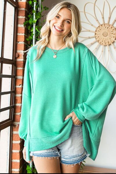 KESLEY Baggy Sweater  Exposed Seam Round Neck Dropped Shoulder Loose Fit Blouse