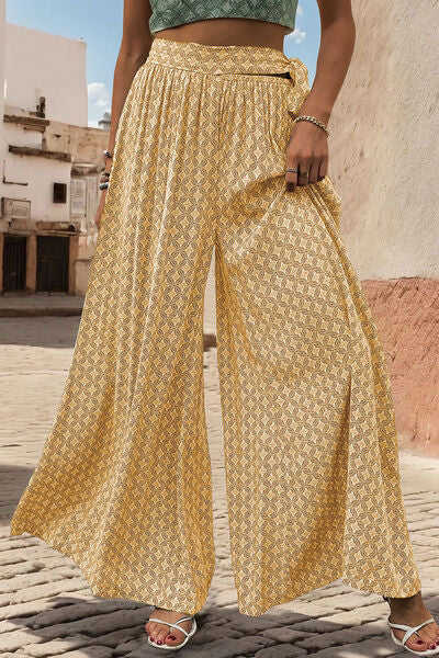 Printed Waist Tied Wide Leg Pants