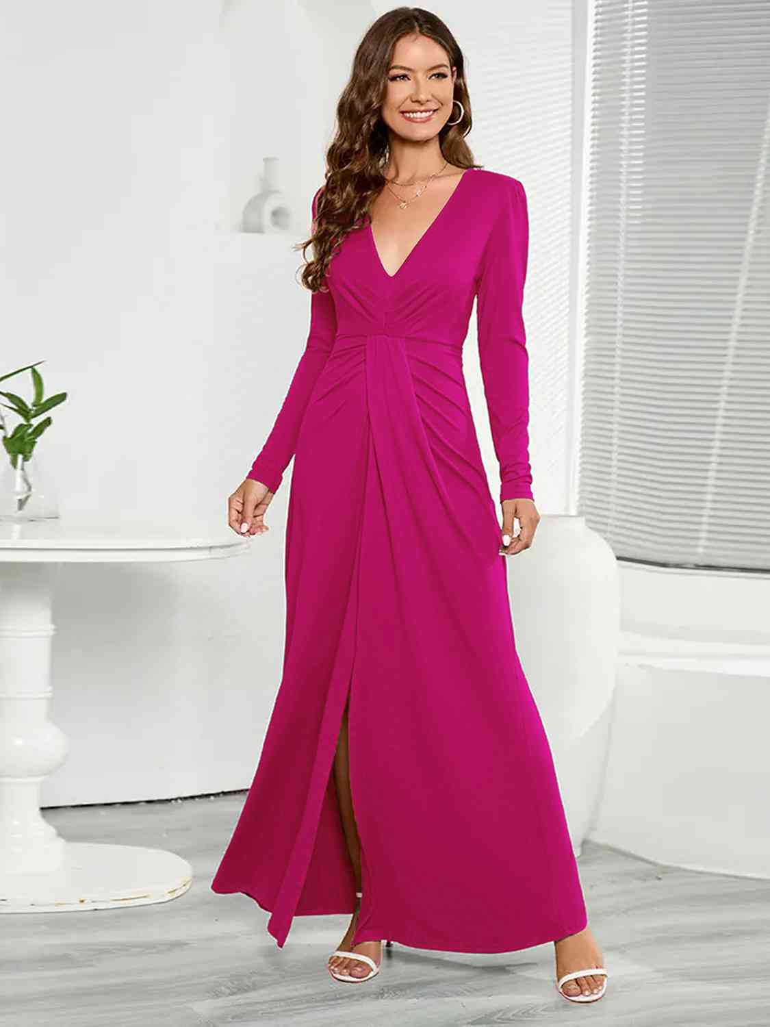 Women's V-Neck Long Sleeve Split  High Slit Maxi Dress