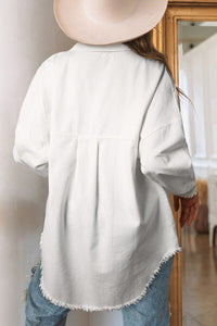 White Denim Shirt 100% Luxury Cotton Women's Long Sleeve Sequin Pockets Raw Hem Dropped Shoulder Shirt