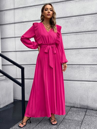 Long Sleeve Maxi Dress Pleated Surplice Waist Tie Midi