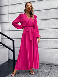 Long Sleeve Maxi Dress Pleated Surplice Waist Tie Midi