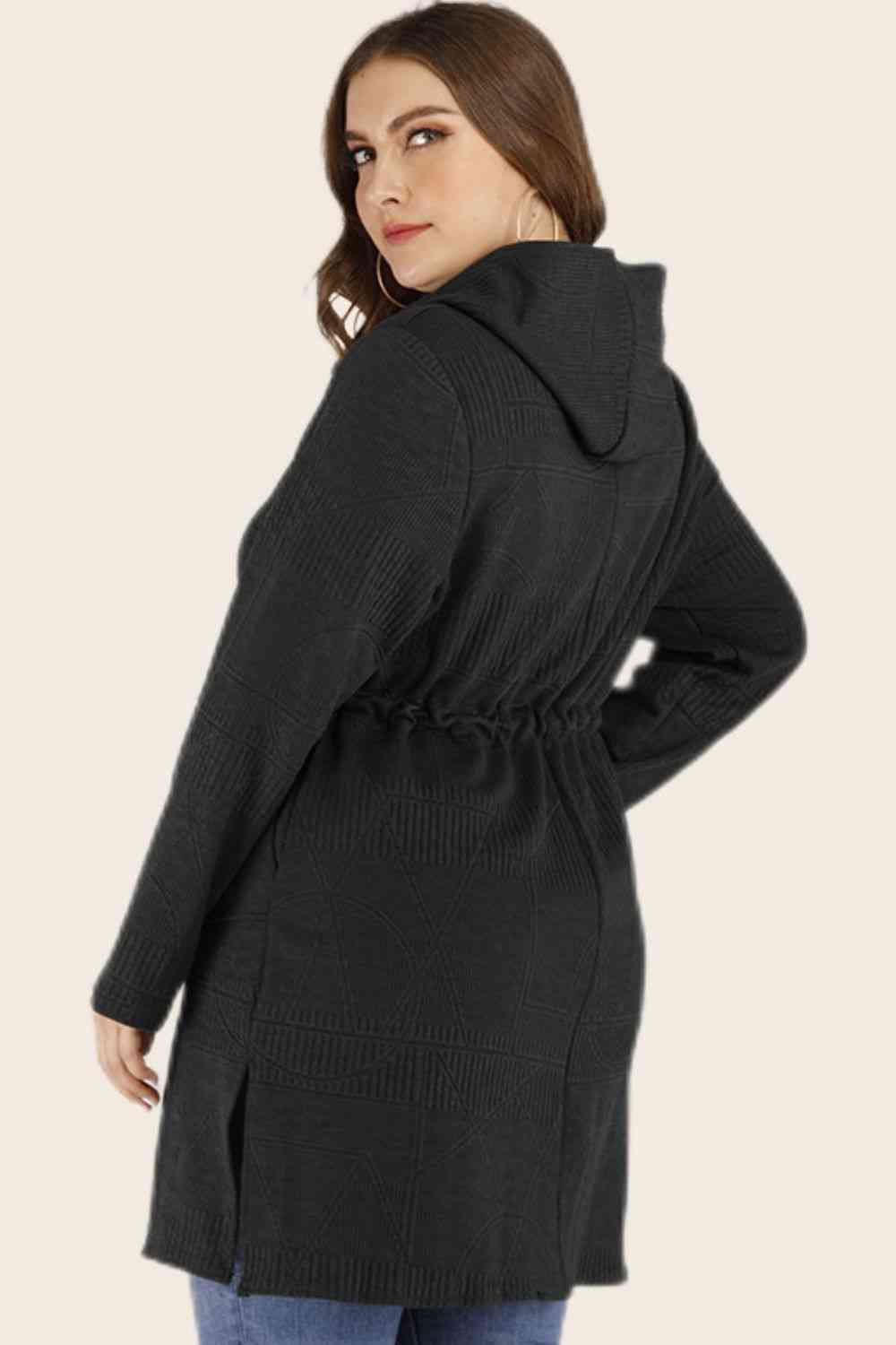 Plus Size Drawstring Waist Hooded Cardigan with Pockets