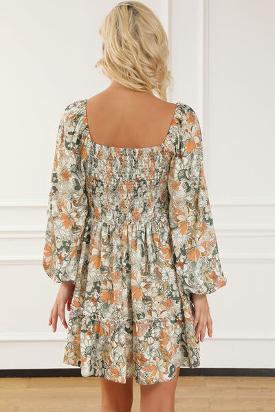 Printed Balloon Sleeve Ruffle Hem Mini Dress, Long Sleeve Dress