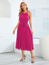 Pleated Spaghetti Strap Tie Waist Midi Dress New womens fashion Party dresses