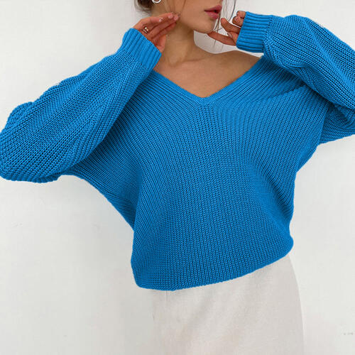 V-Neck Dropped Shoulder Long Sleeve Sweater