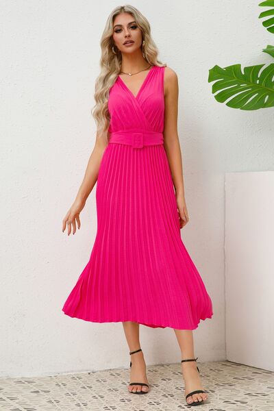 Women's Surplice Sleeveless Midi Pleated Dress