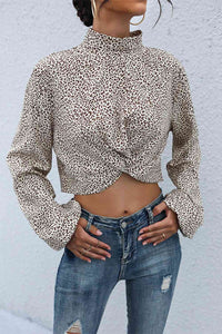 Womens Casual Long Sleeve Leopard Print Mock Neck Crop Top