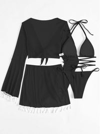 Bikini and Cover Up Set  4 piece Set - Triangle Bikini Bra Bikini Bottoms Tassel Flare Sleeve Cropped Cover-Up Top and Matching Skirt , Two Piece Bikini with Cover Up Set