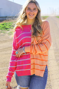 Women's Pink and Orange Top Colorblock Striped Pocketed Dropper Shoulder Sweater