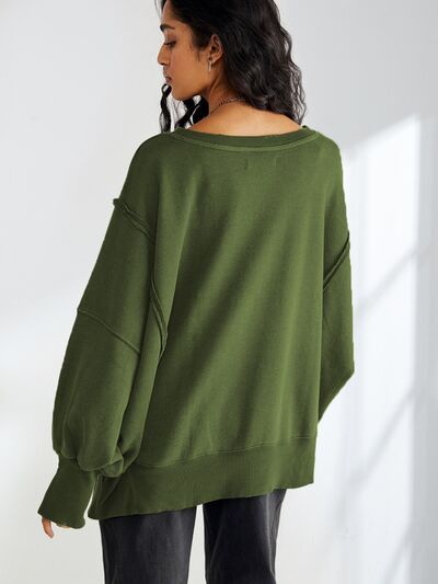 Baggy Sweater Loose Fit Slit Round Neck Dropped Shoulder Long Sleeve Sweatshirt T-Shirt