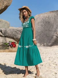 Boho Midi Dress Women's Casual Embroidered Square Neck Cap Sleeve Long Dress