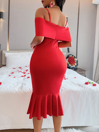 Red Spaghetti Strap Fishtail Wrap Dress