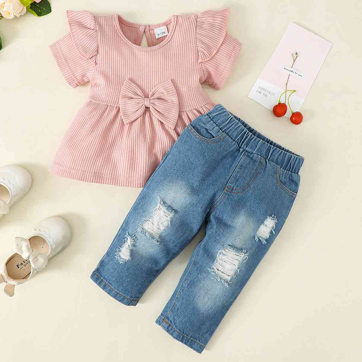 Bow Detail Short Sleeve Top and Distressed Jeans Set Baby Girl Fashion Kids Fashion