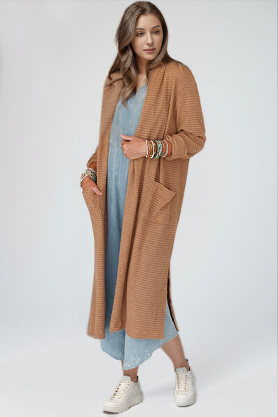 Women’s Long Open Front Sweater Brown Khaki Long Sleeve Longline Slit Cardigan