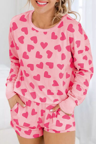 Heart Print Round Neck Top and Shorts Lounge Set Pajama Set Fashion Pajamas