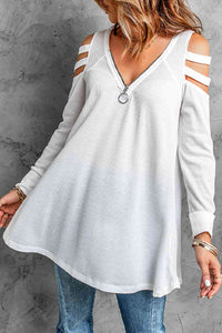 Ladies Casual Shirt Cut Out Waffle Knit Tunic Top