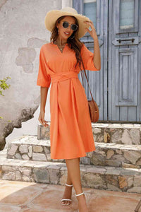 Women's Fashion Orange Shirt Dress  Notched Neck Half Sleeve Midi Dress